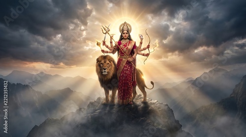 Goddess durga standing with lion on mountain at sunset