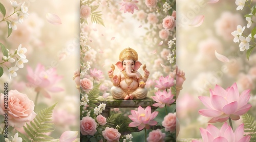 Ganesha statue surrounded by pink lotus flowers and roses