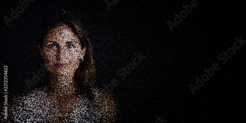 Digital ID Portrait of Woman with Face made up of Code. Data sovereignty Concept with copy-space.