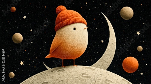Whimsical bird in beanie standing on moon surface against starry night sky