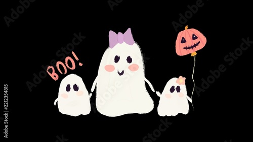 Obraz na plátně Cute ghost family with pumpkin balloon and Boo text on black background for Hall