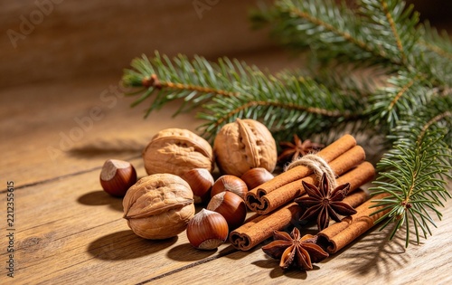 Walnuts Hazelnuts Cinnamon Star Anise, Festive Natural Ingredients