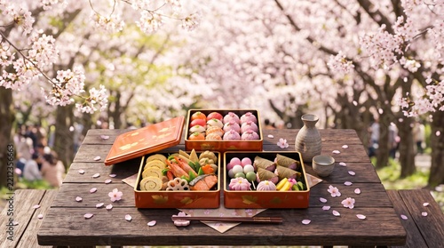 High angle shot of traditional Japanese three tier bento box with temari sushi and cooked prawns during sakura season
