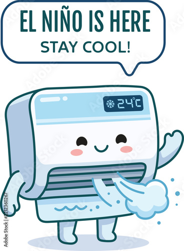 Cute Cartoon Air Conditioner Character with El Nino Text Vector Illustration