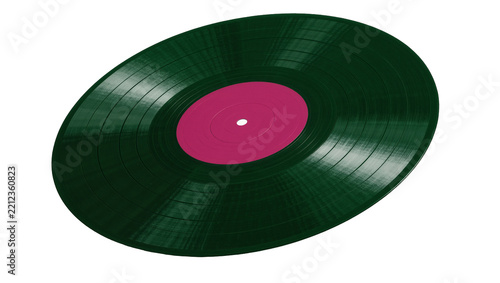 Fotografie Dark green vinyl record with pink label, isolated on transparent background