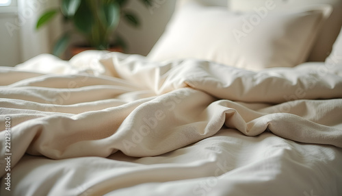 Close-up of premium ivory and beige linen bedding with detailed natural fabric texture, creating a refined concept for home textiles, comfort, and interior design