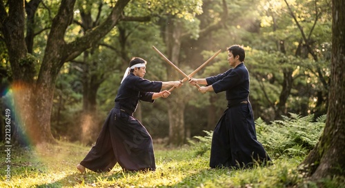 Two martial artists practicing Japanese swordsmanship outdoors with wooden bokken swords while sparring in traditional hakama attire during morning light in a lush forest