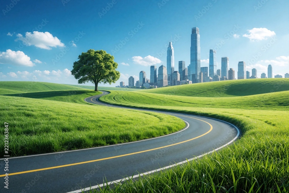 Naklejka premium Winding asphalt road leads through rich green hills towards modern city skyline. Single large tree stands in meadow under blue sky with clouds. Contrast between peaceful rural nature, urban
