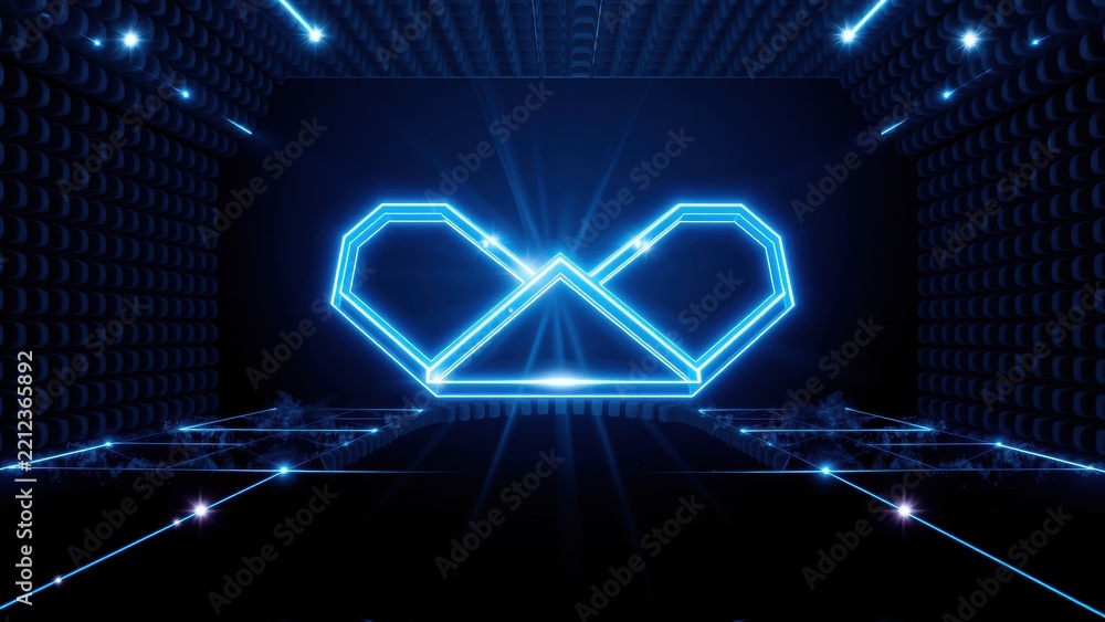 Fototapeta premium Neon infinity heart glows within dark tunnel. Lines converge toward central luminous symbol. Futuristic aesthetic dominates composition.