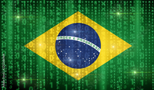 Flag of Brazil on a background of mixed digital symbols, binary numbers, programming characters, and cyber code patterns. Modern technology and information security concept.