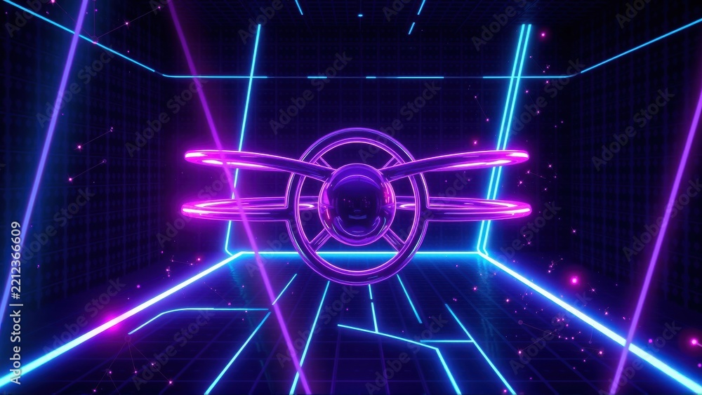 Fototapeta premium Neon grid tunnel. Futuristic design. Vibrant purple, blue lights create immersive space. Digital aesthetic, glowing lines converge.