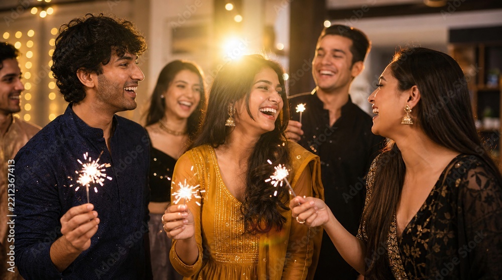 Fototapeta premium Group of happy young Indian friends celebrating Diwali festival together at night while holding bright sparklers and wearing traditional ethnic clothing