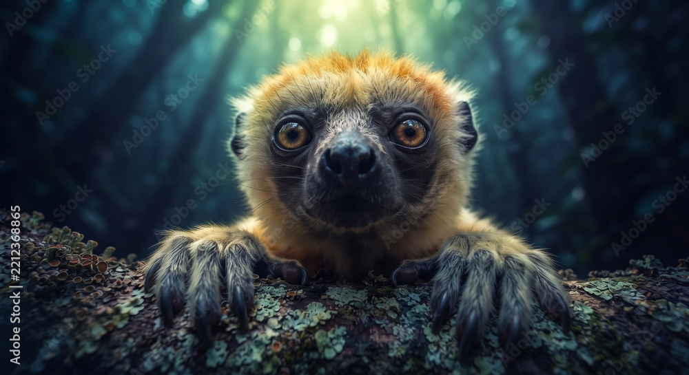 Fototapeta premium Wide-eyed nocturnal lemur with elongated fingers gripping a mossy branch in a dark misty rainforest