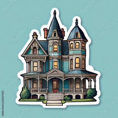 Elegant Victorian House Sticker Featuring Classic Details and Cool Color Palette