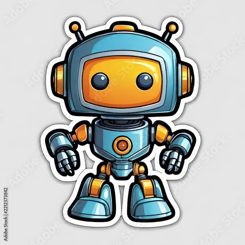 Friendly Robot Illustration Sticker Featuring Whimsical Cartoon Style on White Background