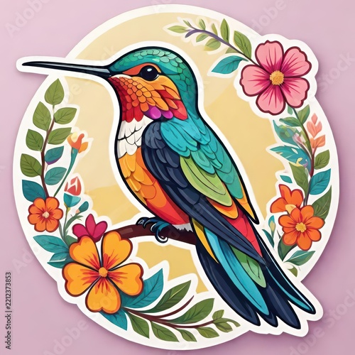 Colorful and Detailed Hummingbird Sticker with Ornamental Floral Inspired Design