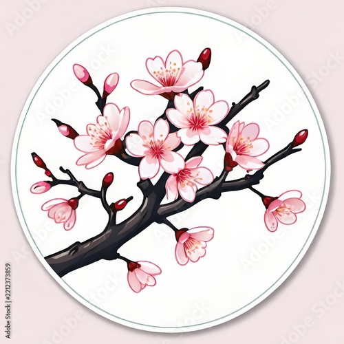 Glossy Cherry Blossom Sticker with White Background in Traditional Japanese Style