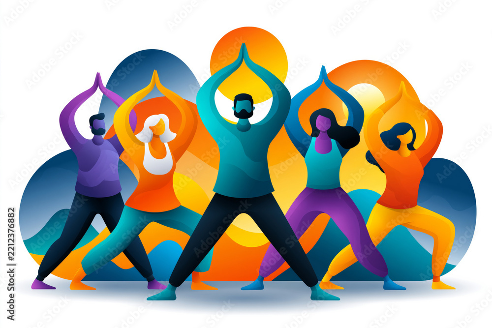 Fototapeta premium Illustration style, diverse adults performing yoga poses with elegant abstract silhouettes, harmonious movement, vibrant gradients, modern commercial wellness illustration, no logos, no watermark,