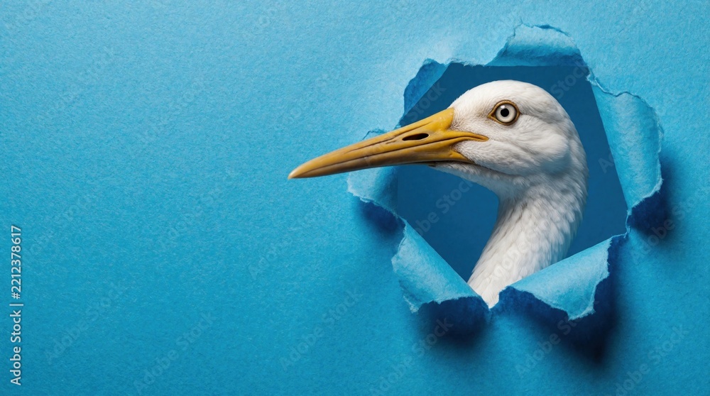 Fototapeta premium Cute white crane peeks through hole in blue paper wall. Bird with yellow beak looks out with curiosity. Small avian animal head appears from torn paper background. Minimalist nature portrait showing