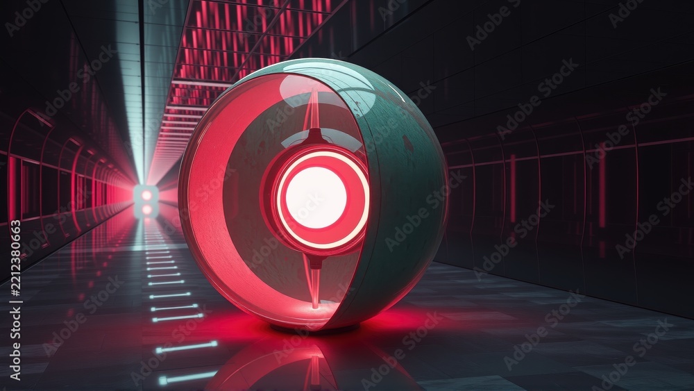 Fototapeta premium Futuristic tunnel features glowing sphere. Red light dominates scene, creating dramatic effect. Sleek design suggests technology, speed.