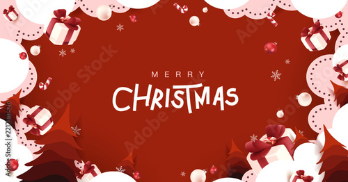 Merry Christmas and Happy New Year greeting card banner in red paper art style with snowy winter landscape, and copy space for holiday celebration background