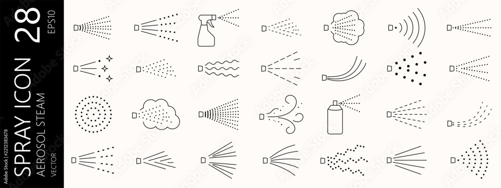 Fototapeta premium Icon aerosol nozzle and mist spray shower with jet steam vector. Water wash background and fragrance sprinkle silhouette with stream cloud perfume. Graffiti mist spray and effect icon logo.