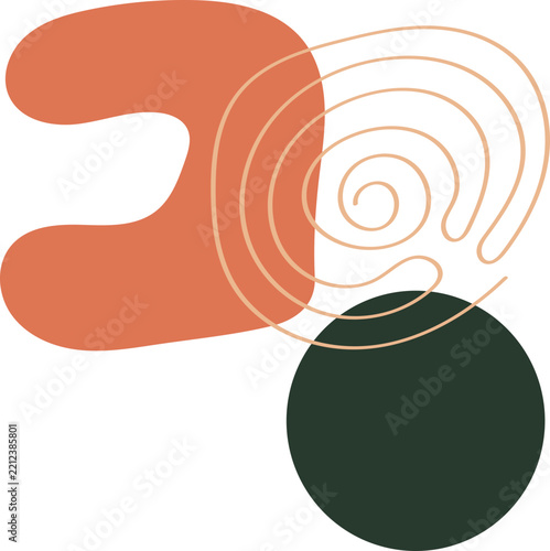 Minimalist Modern Abstract Illustration with Organic Terracotta Shapes, Dark Green Circle and Swirl