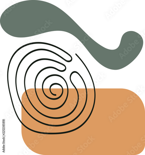 Minimalist Modern Art Composition with Organic Shapes and Abstract Spiral Line Drawing