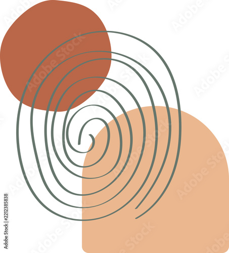 Minimalist Abstract Modern Art with Earthy Geometric Shapes and Thin Spiral Line on White Background