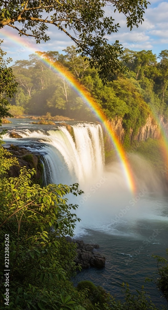 Fototapeta premium Stunning Rainbow Over Majestic Waterfall in Lush Green Forest.