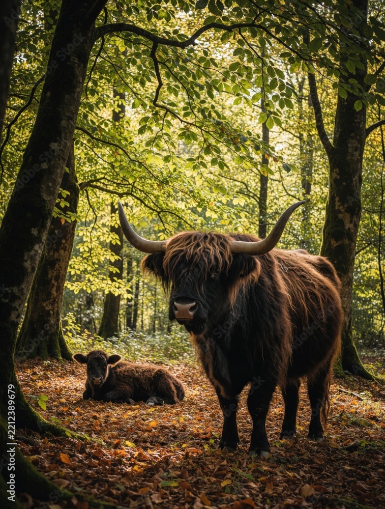Obraz premium Large black highland cow stands in green forest. Small calf rests on fallen autumn leaves near mother. Wild cattle live in woodland nature. Mammal family stays together under leafy trees in summer