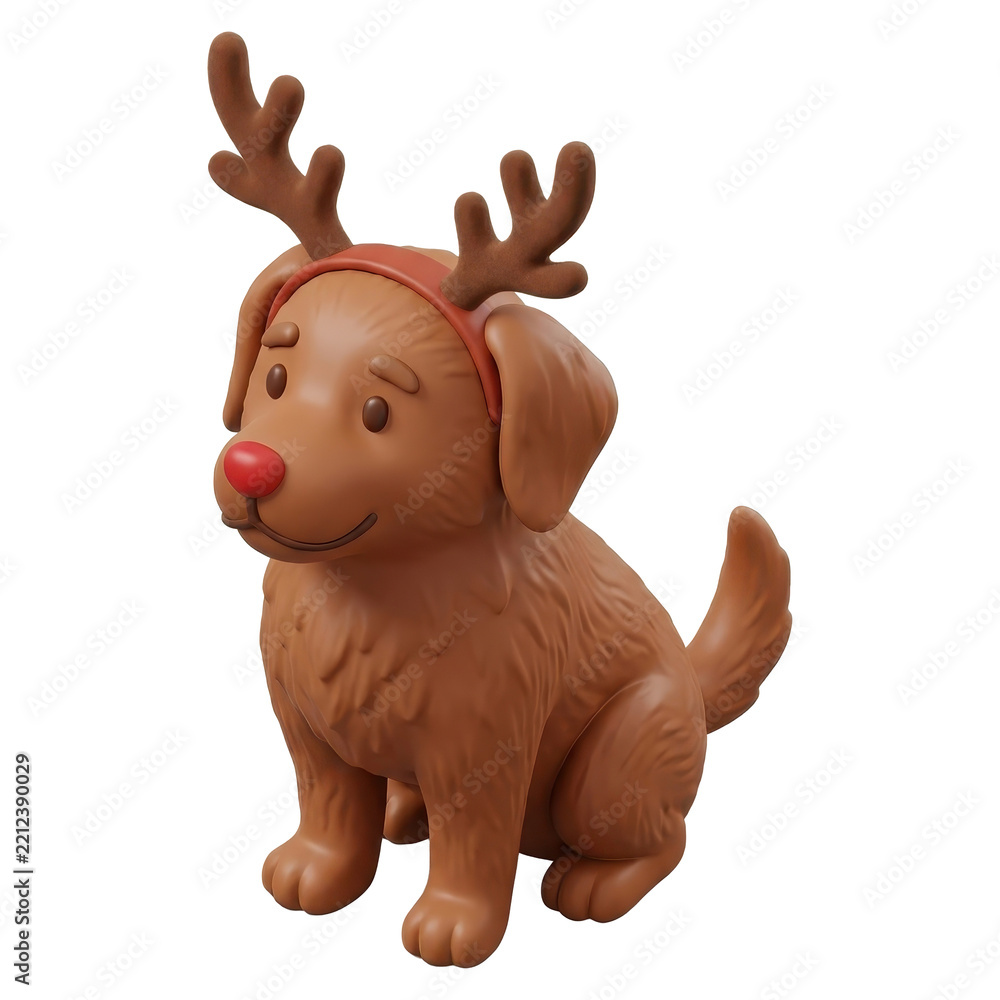 Fototapeta premium 3d christmas dog with antler headband and red nose
