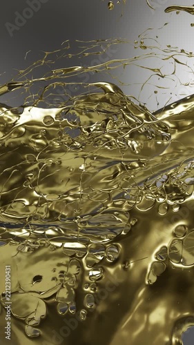 Golden liquid streams collide and erupt into turbulent sheets, bubbles and droplets against a neutral gray background with metallic sheen