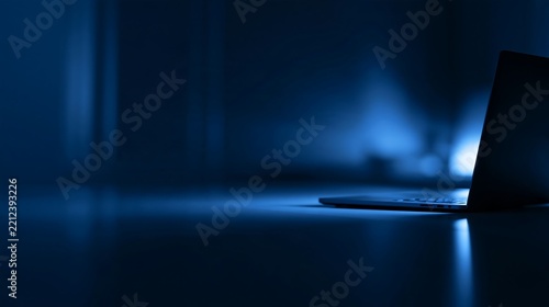 Open laptop computer glowing with blue light in a dark empty room at night