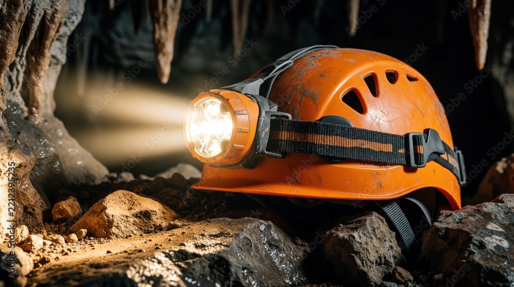 Fototapeta premium Orange caving helmet with bright headlamp lies on dark rocks in underground cave. Light shines through stalactites, stalagmites. Essential safety gear for speleology expedition, extreme adventure