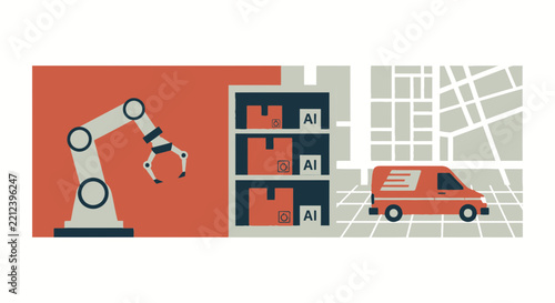 Smart Logistics and AI Warehouse Automation Illustration with Robotic Arm and Delivery Van