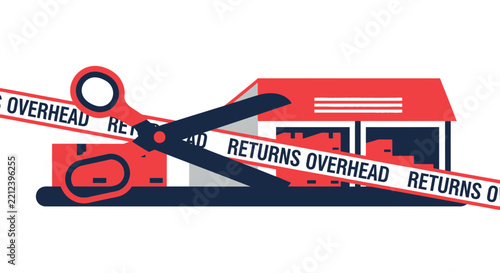 Conceptual Illustration of Cutting Business Returns Overhead Costs with Scissors and Warehouse Background