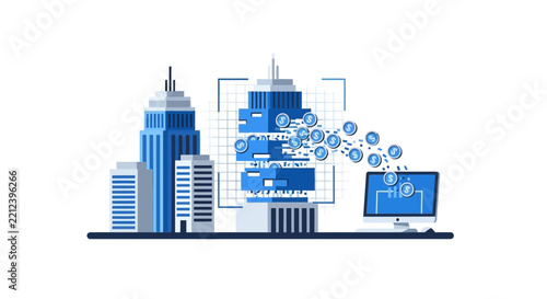 Digital Real Estate Investment and Fintech Concept with Skyscrapers and Online Money Flow