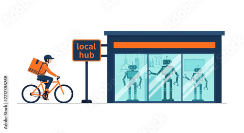 Futuristic Automated Logistics Local Hub with Delivery Courier on Bicycle and Robots Flat Vector Illustration