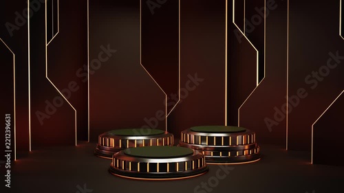 Three podium stage metallic circular luxury platforms with rotate and animation abstract background, 3D render