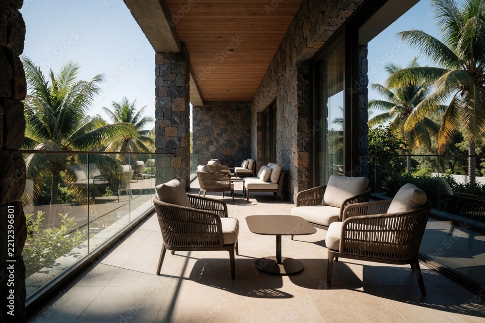 Fototapeta premium Modern luxury hotel terrace with comfy armchairs, small table. Outdoor lounge area on apartment balcony features stone walls, wood ceiling. Tropical palm trees, blue sky background at summer resort