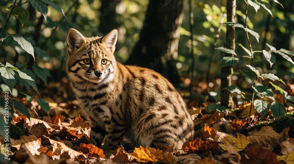 Obraz premium Wild cat with spotted fur sits among autumn leaves in forest. Small predator watches surroundings in woods. Cute feline mammal rests on ground covered by dry foliage. Natural wildlife habitat with