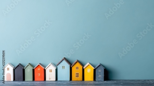 A row of colorful miniature house models arranged neatly