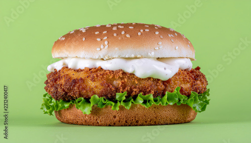 Golden crispy chicken burger with creamy sauce and fresh lettuce, perfect for restaurant menus and commercial food advertising.