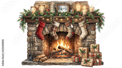 Cozy stone fireplace decorated for christmas isolated on transparent background
