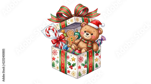 Cute christmas gift box with teddy bear and sweets isolated on transparent background