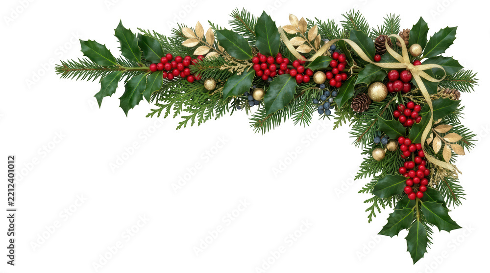 Fototapeta premium Christmas corner garland with holly, pine, and gold ribbon isolated on white isolated on transparent background