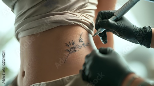 Close-up of a Young Woman Getting a Botanical Tattoo on Her Waist
