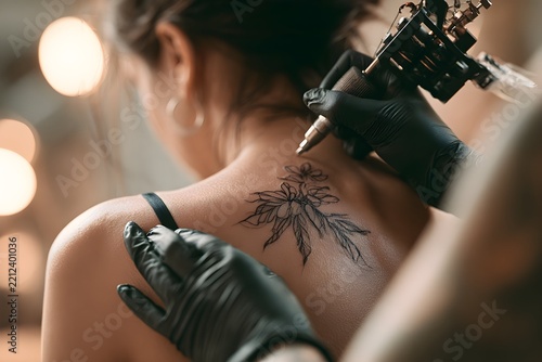 Tattoo Artist Inking a Floral Design on a Woman's Upper Back