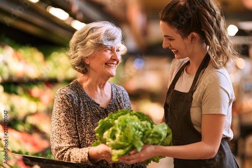 Friendly Young Grocery Clerk Assisting an Elderly Woman with Fresh Lettuce